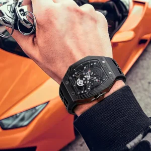 JINLERY Richard Mechanical Watches Automatic Watch for Men Luxury Skeleton Man Square Wristwatch Rubber Strap Relogio Masculino