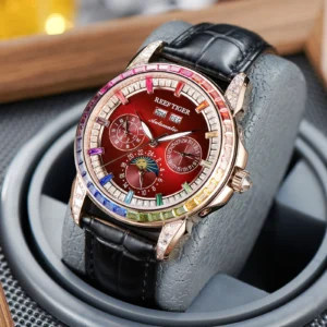 Reef Tiger Men's Multifunction Moonphase Automatic Watch Rose Gold Rainbow Diamond Bezel Leather Classic Fashion RGA1988
