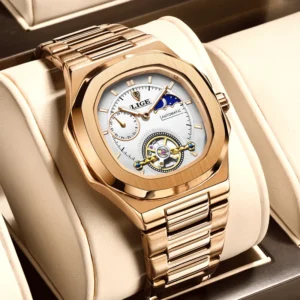 LIGE Automatic Mechanical Watch for Men Moon Phase Luminous Square Creative Waterproof Male Steel Wristwatch Sport Clock+Box