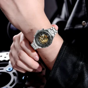 T-WINNER Business Men's Automatic Skeleton Mechanical Watch Retro Silvery Black Hollow Dial Stainless Steel Man Sport Wristwatch