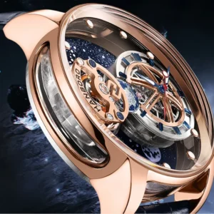 HANBORO Men Automatic Watch 44MM Mechanical Wristwatch 5ATM Rotatable Backgroud Luminous Cosmic Celestial Body Dial