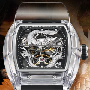 Mark Fairwhale Brand Fashion Men Automatic Watch Luminous Skeleton Dragon Dial Tonneau Mechanical Wristwatch