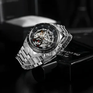 T-WINNER Classic Business Men Automatic Skeleton Mechanical Watch Silvery Black Hollow Dial Stainless Steel Man Sport Wristwatch