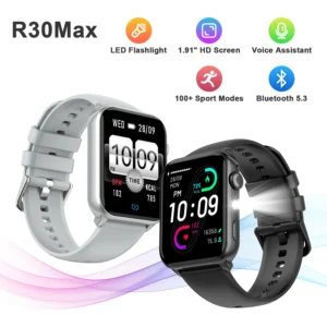 2025 New R30 Max Smartwatch with LED Flashlight Men Women Health Monitor 1.91'' TFT Screen Bluetooth Call Watch for Android IOS